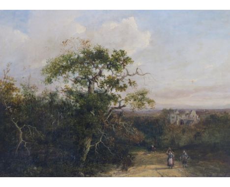 ATTRIBUTED TO CHARLOTTE NASMYTH (SCOTTISH 1804-1884) FIGURES AND ANIMALS ON A COUNTRY TRACK Oil on canvas, signed, 31 x 41cm 