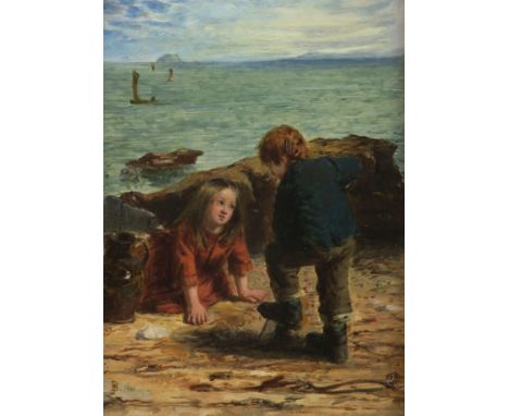 JOHN P BURR RBA ROI ARWS (SCOTTISH 1831-1893) DIGGING FOR BAIT Oil on panel, signed monogram and dated 1861 and signed and in