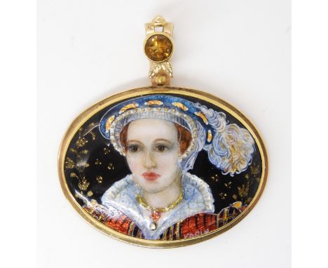 A 14K GOLD AND ENAMEL PENDANT the enamel plaque is in the Limoges style, a portrait of a Elizabethan lady, with 22k gold leaf