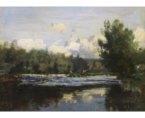 ROBERT NOBLE RSA PSSA (SCOTTISH 1857-1917) HADDINGTON WEIR Oil on panel, signed, 24 x 32cm (9.5 x 12.5") Condition Report:On 