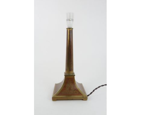 A SECESSIONIST ART NOUVEAU BRASS INLAID WOODEN TABLE LAMP in the style of Erhard & Son, with impressed MIW 601A to base Condi
