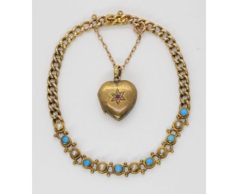A 15CT PEARL AND TURQUOISE BRACELET with an attached yellow metal ruby and diamond set heart locket, length of the bracelet, 