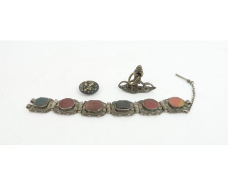 A PERSIAN WHITE METAL AND HARDSTONE BRACELET each medallion carved with script, 17cm long, a brass seal, 4.5cm wide and a Jap