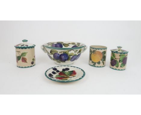 A WEMYSS FRUIT DRAINER AND BOWL painted with the plum pattern, the bowl with two ring handles and marked to the base in yello