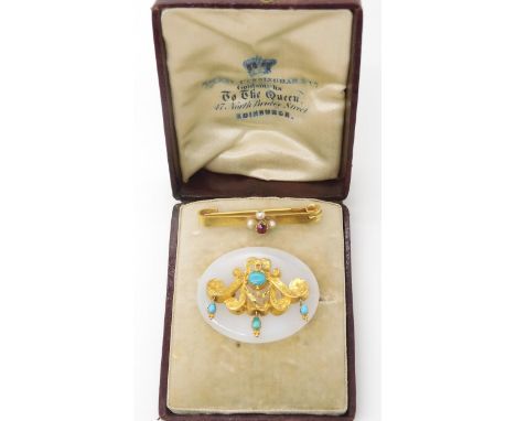 TWO VICTORIAN JEWELS a white agate brooch with a yellow metal flower engraved motif with three turquoise pendant drops and a 