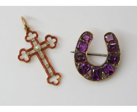 TWO JEWELS a garnet and rose cut diamond horseshoe brooch, mounted in yellow metal. Dimensions 2cm x 2.1cm. Together with a r