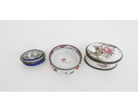 AN ENAMEL PATCH BOX painted with a sailing ship, an enamel oval shaped box and a small enamel dish (3) Condition Report:Avail