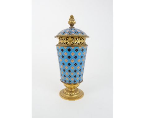 A 19TH CENTURY SEVRES POT POURRI URN AND COVER the turquoise ground with black, pink and gilt pattern with gilt metal mounts,