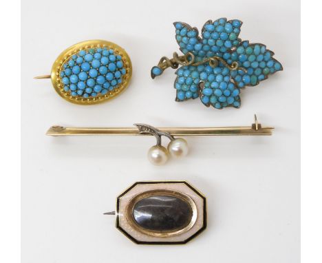 A COLLECTION OF ANTIQUE JEWELS a yellow metal bombe shaped brooch set with turquoise, with granulation and wire work details.