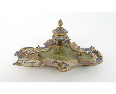 A CHAMPLEVE ENAMEL AND ONYX DESK STAND with inkwell and pen rest, 22.5cm long Condition Report:Available upon request