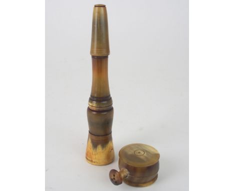 A GEORGIAN ANIMAL HORN PENNER/INKHORN with pounce pot, inkwell and quill holder, 16cm long and a horn pounce pot (2) Conditio