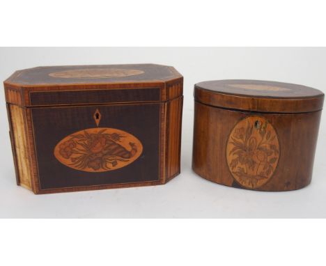 A 19TH CENTURY TWO-DIVISION INLAID TEA CADDY with hinged interior lid, canted angles, 20cm wide and an similar oval inlaid te