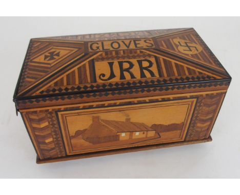 A TUNBRIDGEWARE GLOVE BOX the hinged lid inscribed Gloves, JRR, MCMXII, the front panel decorated with Burns Cottage, the bac