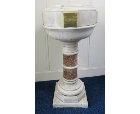 A VICTORIAN MARBLE BAPTISMAL FONT with circular marble basin on pedestal base, brass plaque engraved "Presented to Martyrs Pa