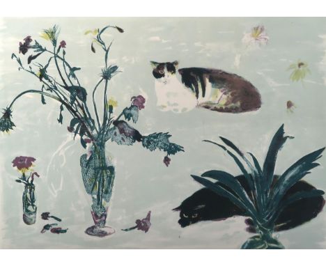 ELIZABETH VIOLET BLACKADDER&nbsp;RA RSA RSW RGI DLitt (SCOTTISH 1931-2021)&nbsp; CALICO AND BLACK CAT BESIDE VASE OF FLOWERS 