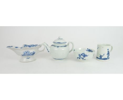 AN 18TH CENTURY WORCESTER BLUE AND WHITE STRAIGHT SIDED MUG painted with the Walk in the Garden pattern, of a lady being foll