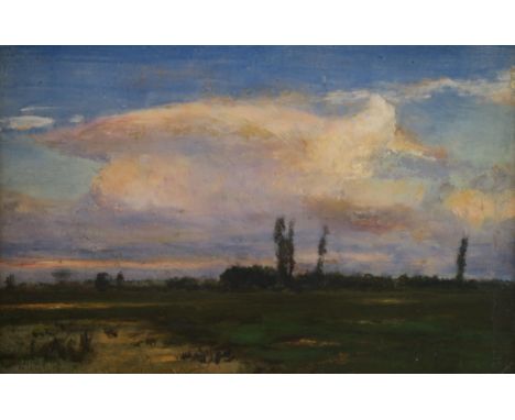 SIR DAVID MURRAY RA HRSA PRI RSW (SCOTTISH 1849-1933) SUNSET LANDSCAPE Oil on panel board, signed and inscribed 'To John Mill