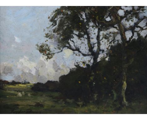 JAMES TAYLOR BROWN (SCOTTISH 1868-1923) LANDSCAPE WITH TREES AND HAYSTACKS Oil on panel, signed, 16 x 21cm (6.25 x 8.25) Cond