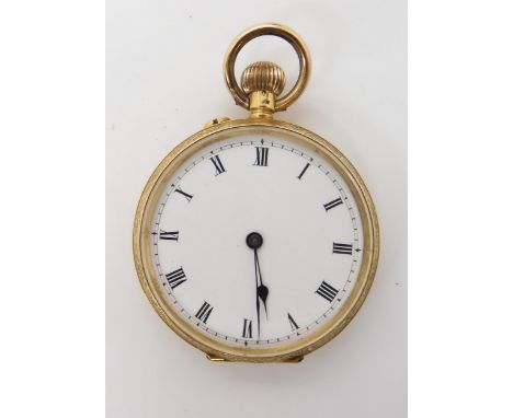 AN 18K OPEN FACE FOB WATCH with all over floral engraving to the case. classic white enamel dial with black Roman numerals an