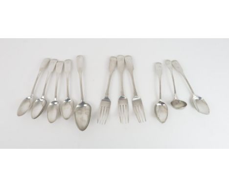 A COLLECTION OF SCOTTISH PROVINCIAL SILVER including four fiddle pattern dessert spoons and a table spoon by Peter Lambert, M