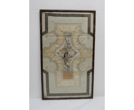  A CHINESE SILK COLLAR decorated with birds amongst foliage, 60 x 35cm and a metal thread embroidered sleeve panel, 61 x 19cm