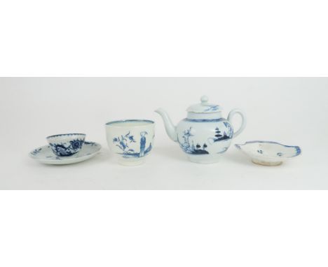 A LIVERPOOL BLUE AND WHITE TEAPOT the small globular form painted with the Two Men Bowing pattern, 12cm high, a Watney collec