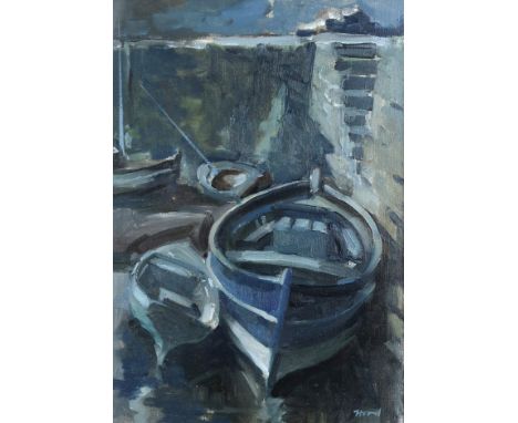 ERNEST BURNETT HOOD (1932-1988) BOATS IN A HARBOUR&nbsp; Oil on canvas panel, signed lower right, 34 x 24cm (13.5 x 9.5") Con