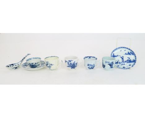 AN EARLY WORCESTER TEABOWL AND SAUCER decorated with a gnarled tree by a bridge, a rice spoon, a Worcester cup with moulded f