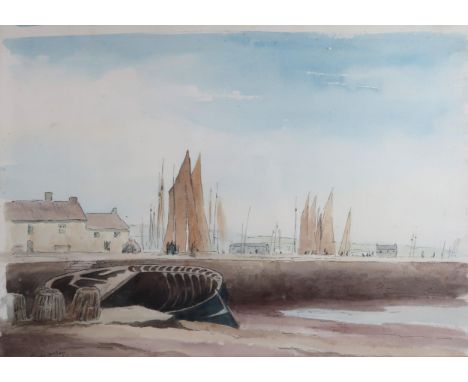 JAMES MCBEY LLD (SCOTTISH 1883-1959) HARBOUR AT LOW TIDE Ink and watercolour, signed, 26 x 37cm (10.25 x 14.5") Condition Rep