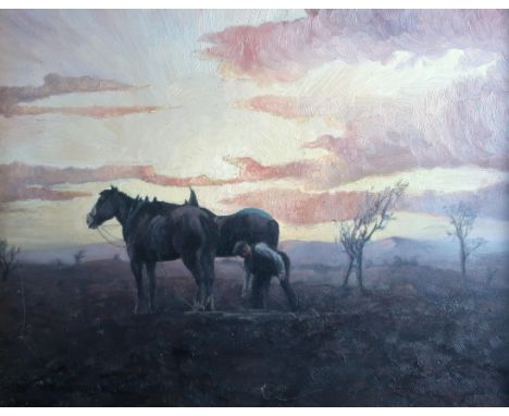 CONTINENTAL SCHOOL (20TH CENTURY) FARMER AND HIS PLOUGH TEAM Oil on panel, 31.5 x 40cm (12.5 x 15.75") Condition Report:On in