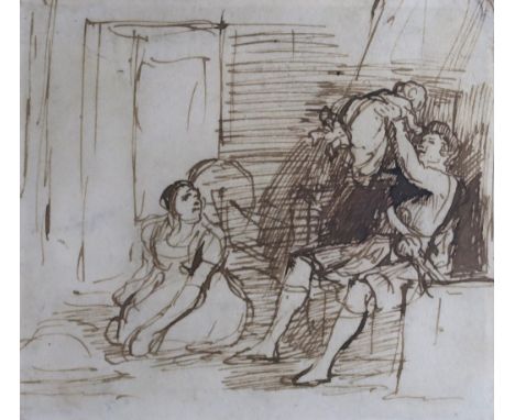 SIR DAVID WILKIE RSA (SCOTTISH 1785-1841) STUDY FOR THE HIGHLANDER'S RETURN Brown pen and ink on paper, 11.5 x 13cm (4.5 x 5"