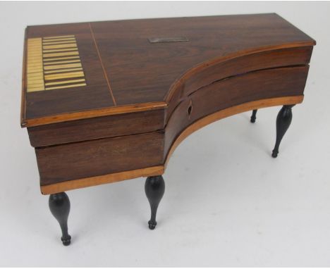 A 19TH CENTURY FRENCH MUSICAL SEWING BOX in the form of a grand piano, rosewood case with line inlay and ebony and ivory keyb