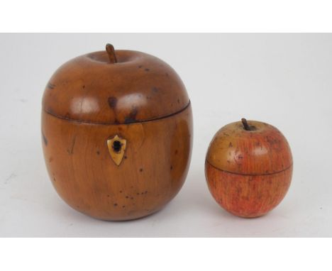 A 19TH CENTURY TEA CADDY FORMED AS AN APPLE with hinged lid, 13cm high and another tea caddy formed as an apple, 7cm high (2)