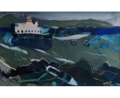 HAZEL NAGL RSW RGI PAI (SCOTTISH b.1953)&nbsp; HIGHLAND FERRY&nbsp; Mixed media, signed lower right, 15 x 24cm (6 x 9.5") Tit