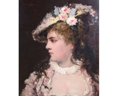 LUDWIG BRUCK-LAJOS (HUNGARIAN 1846-1910) YOUNG LADY IN A FLORAL BONNET, PARIS Oil on panel, signed and inscribed 'paris', 53.