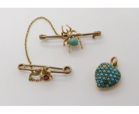 A SPIDER &amp; FLY BROOCH the spider is set with turquoise and pearl and the fly with a ruby and pearls, mounted in yellow me