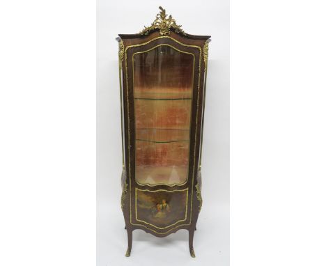 A FRENCH KINGSWOOD BOMBE VITRINE with gilt metal mounts and painted panel depicting lady and gentleman, 185cm high x 73cm wid