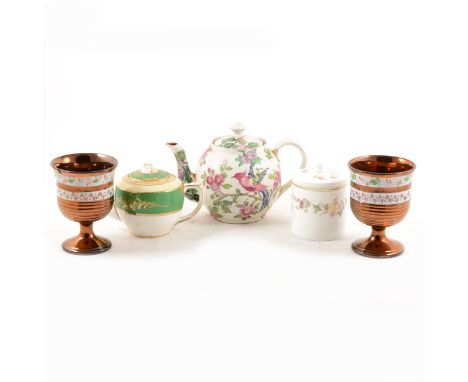 A quantity of vintage crockery, including two tea services, pair of copper lustre goblets, pair of cut glass goblets commemor