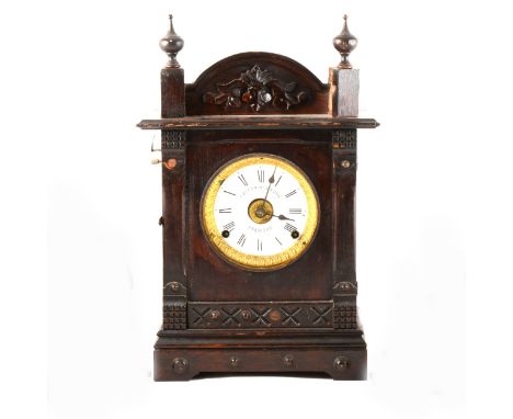Victorian stained wood mantel clock, by Fattorini &amp; Sons, Bradford, white enamelled sial with Roman numerals, with automa