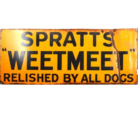 Vintage Spratt's ' WEETMEET ' enamel sign, “RELISHED BY DOGS”, orange ground, 30.5 x 75.5cm.