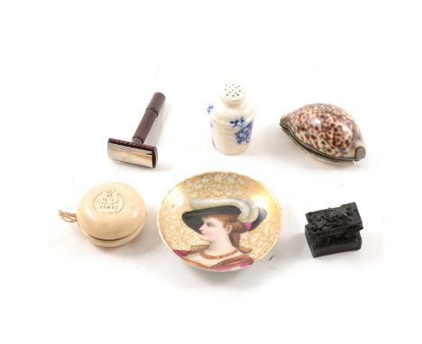 Box of small collectables, including two miniature portraits, cowry shell snuff box, etc