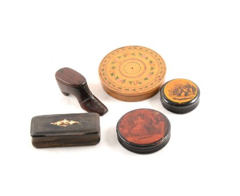 Six items of treen, including Victorian snuff box in the shape of a shoe, small turned boxes etc.