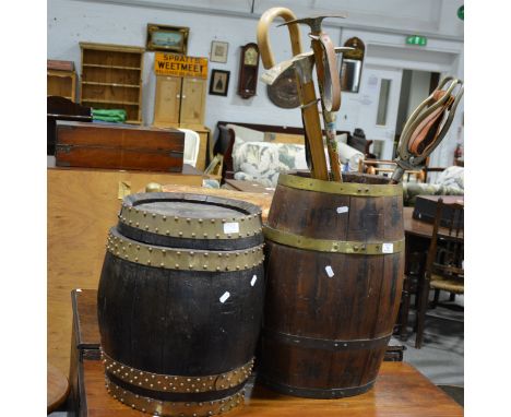 Coopered oak stick stand, brass bands, 54cm, sticks and a barrel.