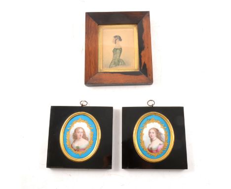 Pair of Sevres style oval painted plaques, mounted, in ebonsied frames, inscribed verso "Mde La Valliere Marchioness de St Re