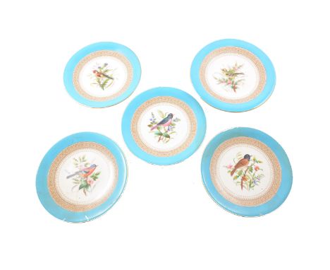 Worcester dessert service, comprising ten plates and three comports, each piece hand painted with a bird and flowers within a