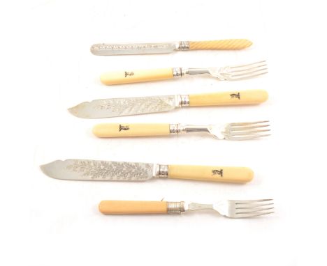 Set of six silver fish knives and forks with ivory handles, William Hutton &amp; Sons, London 1893, engine turned blades, sta