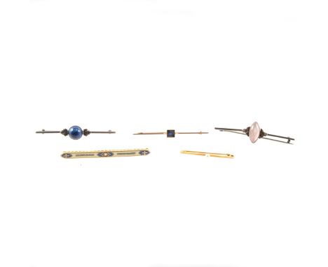 Five yellow metal and silver tie pins/bar brooches to include a yellow metal pin with square cut blue stone, marked "GOLD 9CT