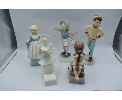 Five Royal Worcester Figurines, The Fan, Monday's Child 3257, Thursday's Child 3534, Saturday's Child 3262 and Sunday's Child