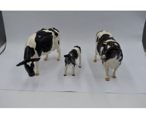 Three modern ceramic Border Fine Arts Studies, Friesian Bull, Friesian Cow and Friesian Calf