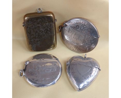 FOUR VARIOUS VESTA CASES comprising three silver examples, two being of engraved circular design one depicting Windsor, the o